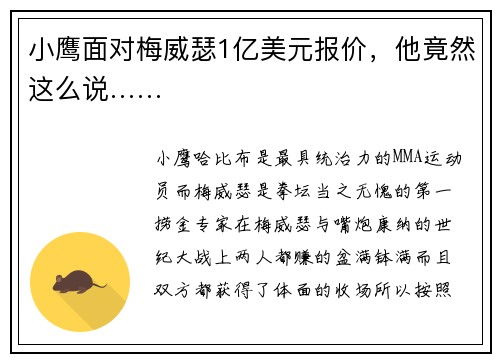 小鹰面对梅威瑟1亿美元报价，他竟然这么说……